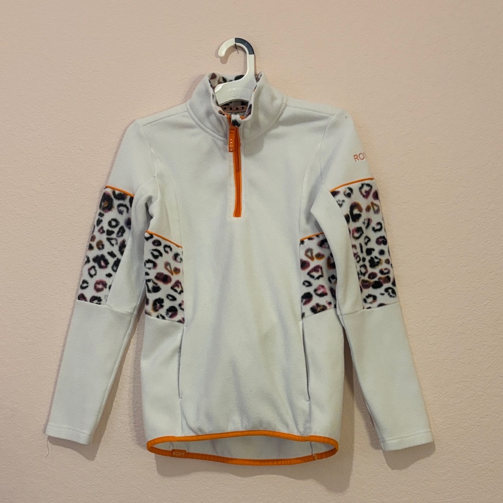 White Fleece Pullover with Leopard Print Accents